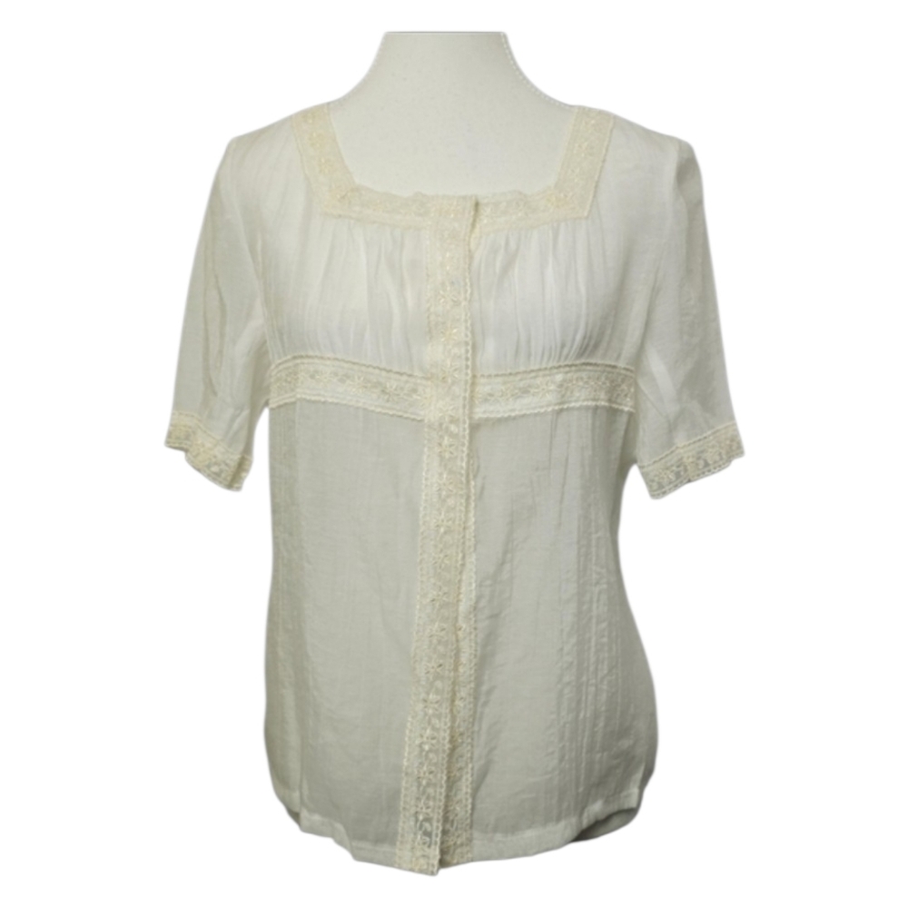 E.S.S. Vintage Sheer Square Neck Short Sleeve Blouse Women’s L Whimsycal Neutral